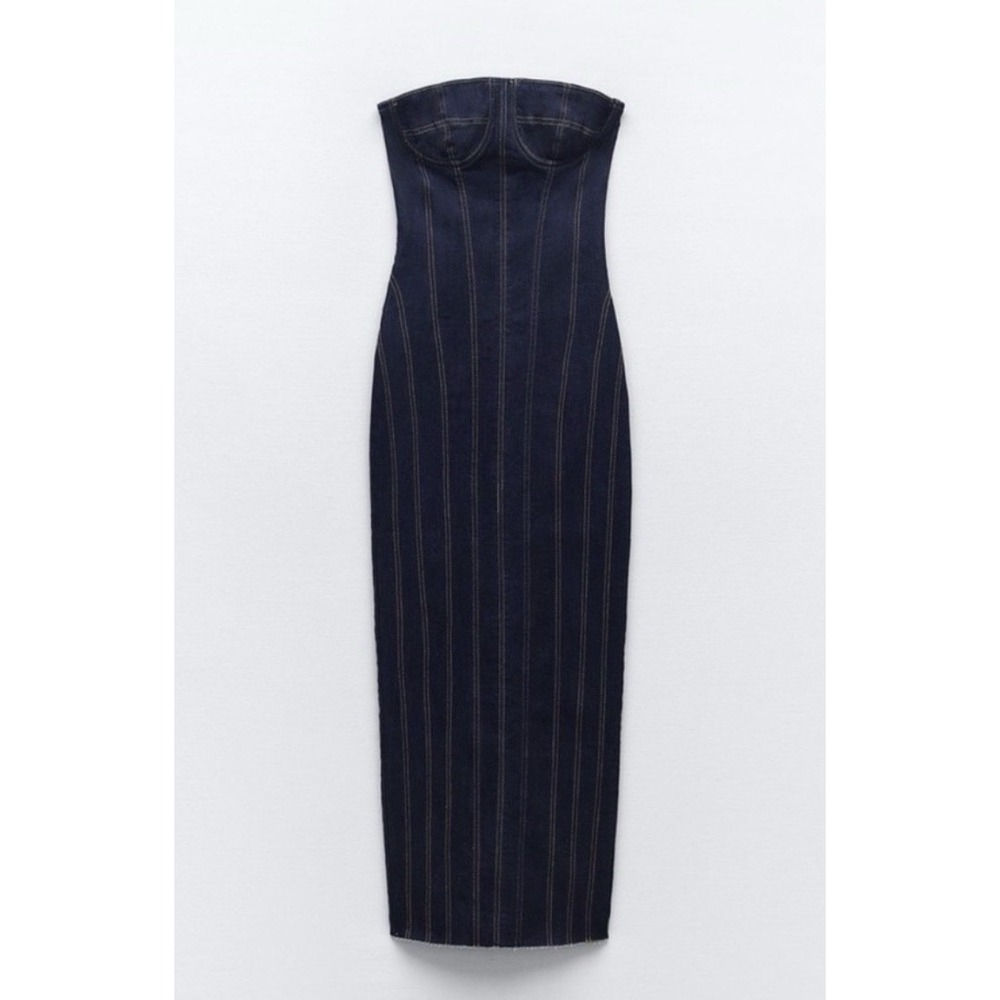 Zara Long Dark Blue Denim Bustier ZW Bodycon Corset Dress Topstitched Size L - Picture 2 of 15